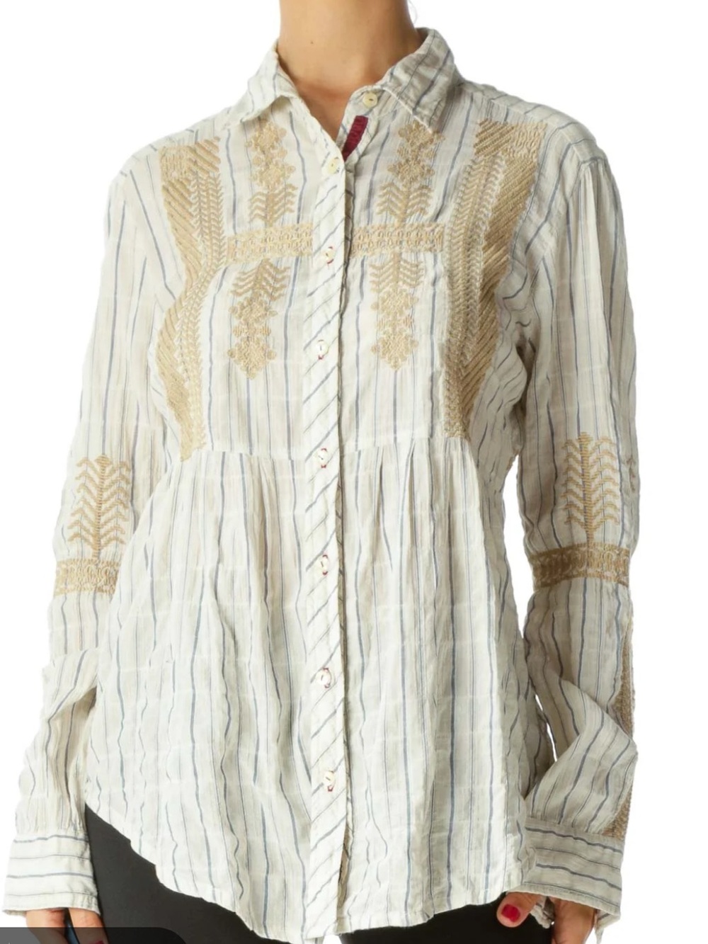 Johnny Was Workshop Embroidered beige tan Striped Button Front Blouse Size M